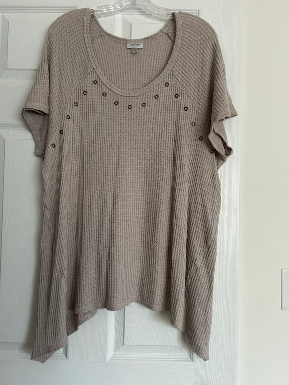 Avenue Taupe Waffle-Knit Short Sleeve Tunic with Stud Detail